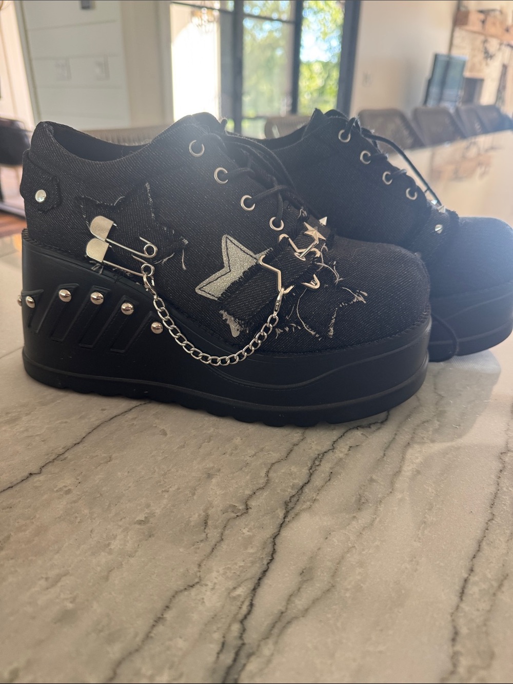 Black Platform Kids Shoes with Star Patch and Chain Detail
